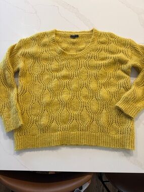 FRNCH Open-Knit Crewneck Sweater in Mustard Yellow